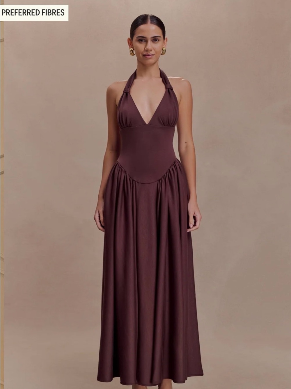 NWT- Meshki Angelina Halter Midi Dress in Chocolate Brown - Picture 2 of 5